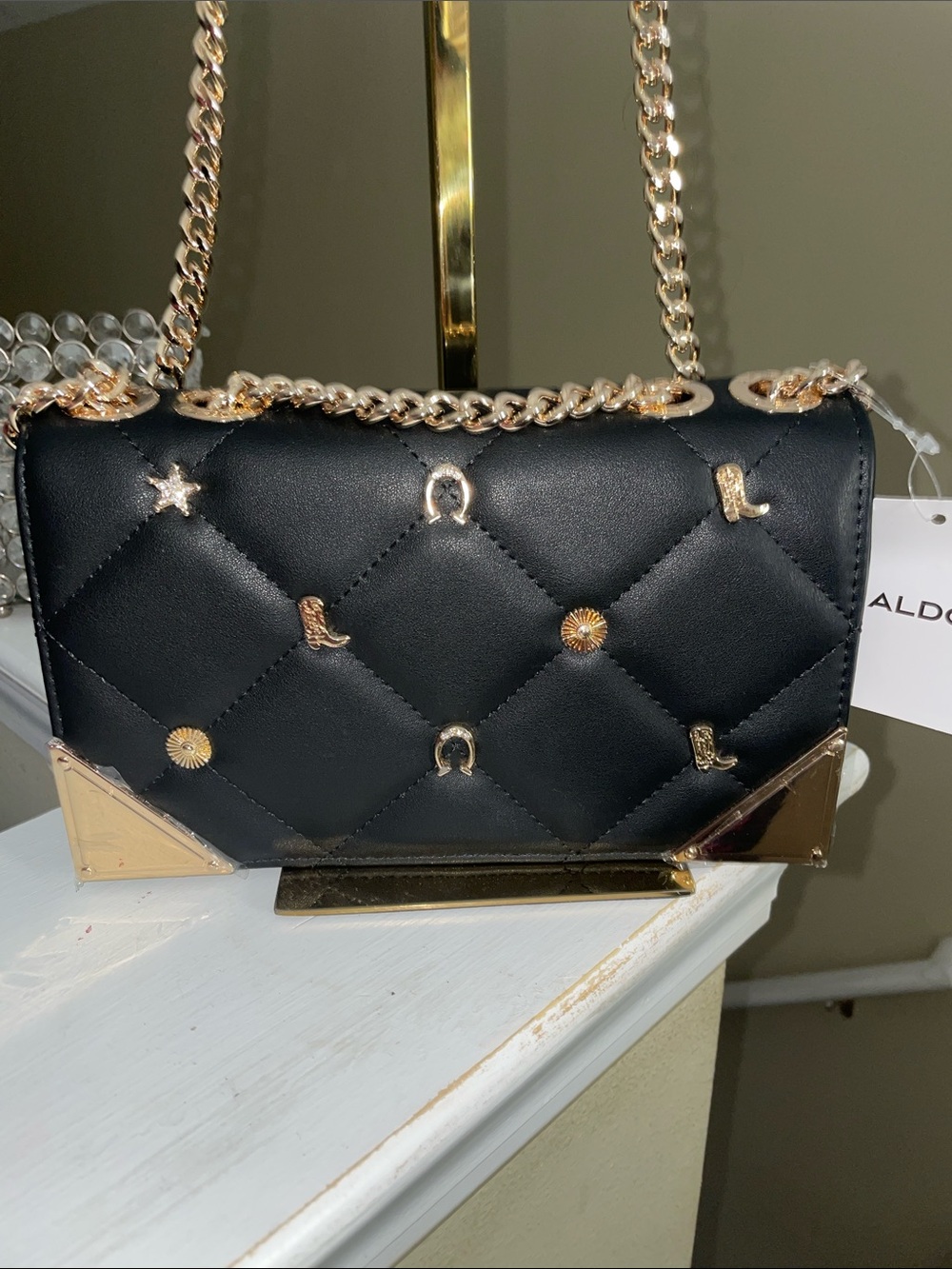 Aldo Black Quilted Crossbody with Gold Hardware and Stud Details